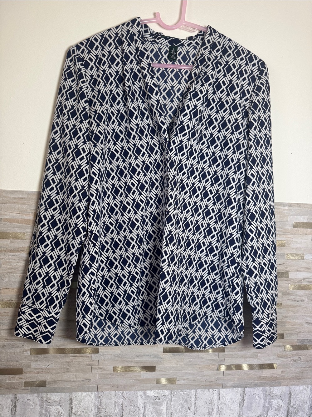 Lauren Ralph Lauren Navy and White Geometric Long Sleeve Blouse